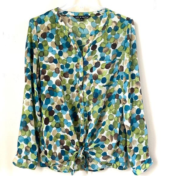Zac & Rachel Button Tie Bottom Long Sleeve Blue Green Polka Dot Blouse SZ S - Picture 1 of 12